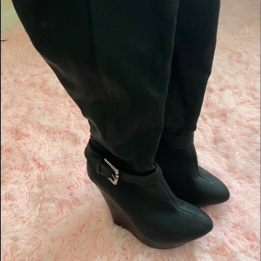 Over the knee black wedge boots